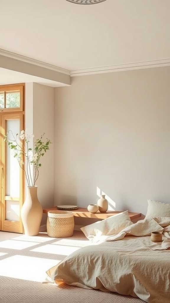 A cozy wabi sabi bedroom featuring soft green bedding and natural decor.