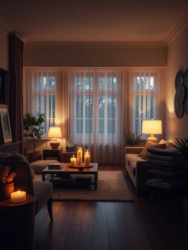 Cozy modern luxury living room with soft lighting from candles and lamps