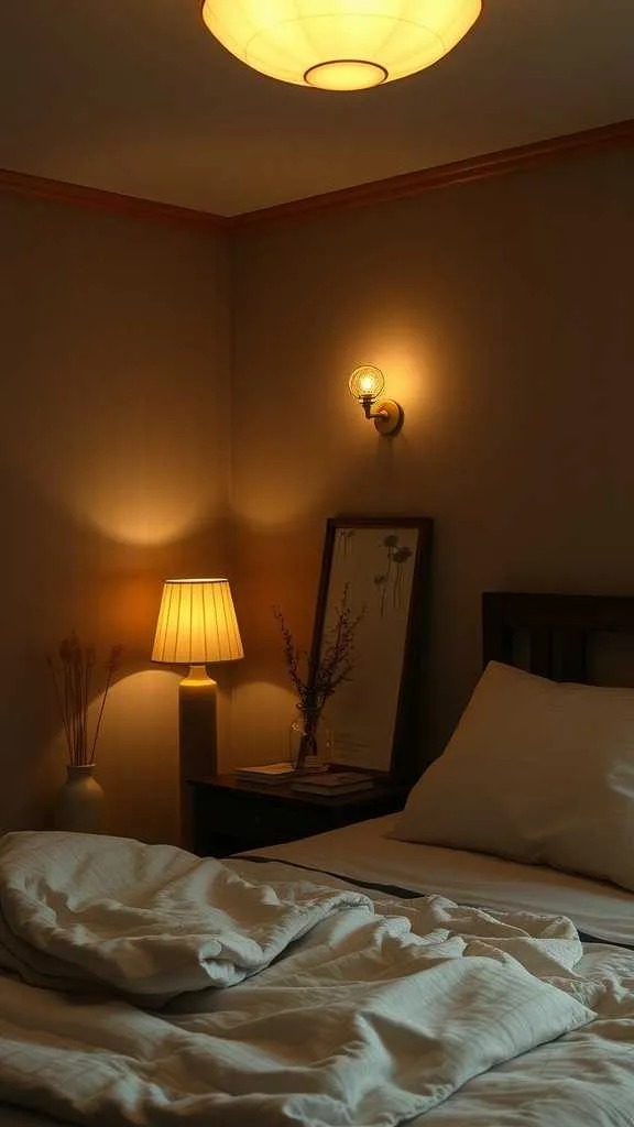 21 Wabi Sabi Bedroom Design Ideas for Calm and Beauty 14 A cozy bedroom with soft lighting from a lamp, creating a relaxing atmosphere.