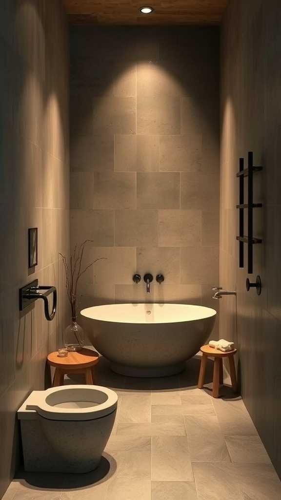 A serene bathroom with soft lighting and a wabi-sabi aesthetic.