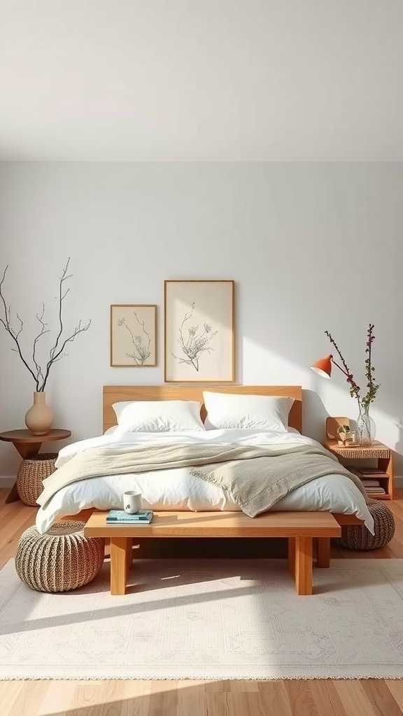 A serene bedroom with soft lines, featuring a cozy bed, light curtains, and natural decor.