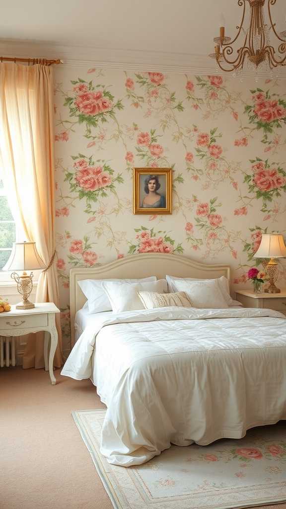 A vintage styled bedroom with soft pastel colors, floral wallpaper, and elegant curtains.