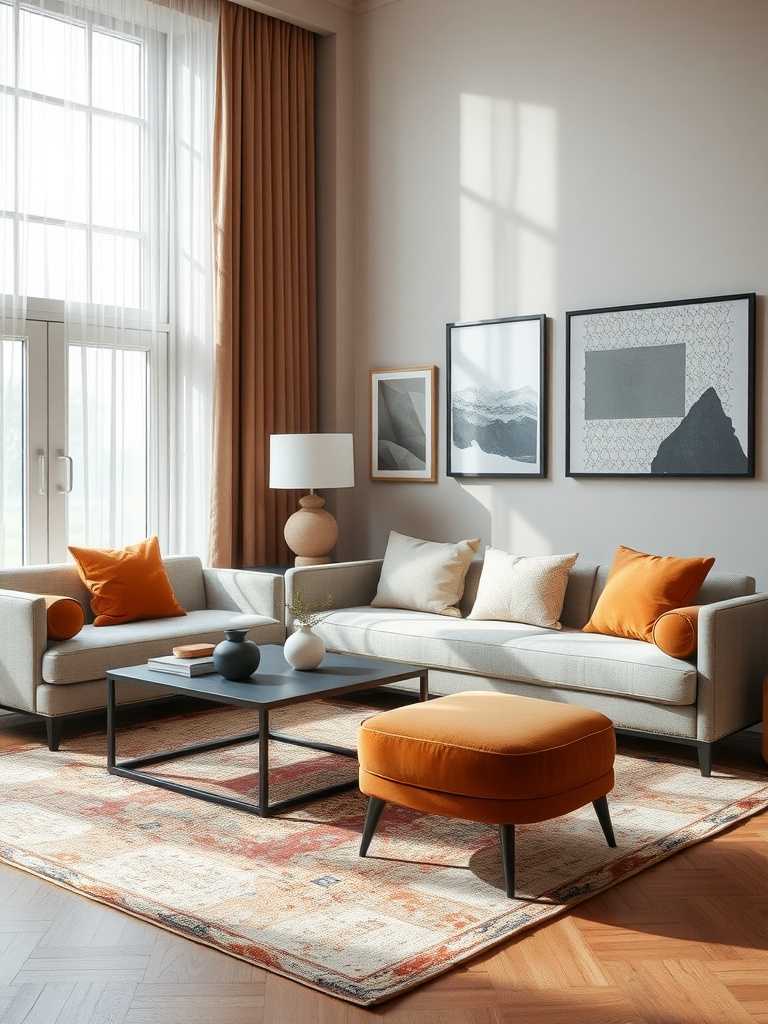 A stylish modern luxury living room featuring a patterned area rug, light gray sofa, and orange accents.