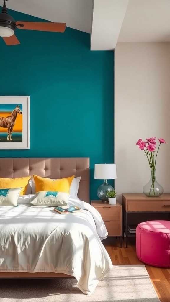 A sophisticated bedroom with a bold teal wall, light bed frame, and colorful accents.