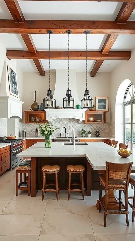 Interior of a Spanish Mediterranean kitchen featuring a spacious island with bar seating, dark wood cabinets, and decorative lighting.