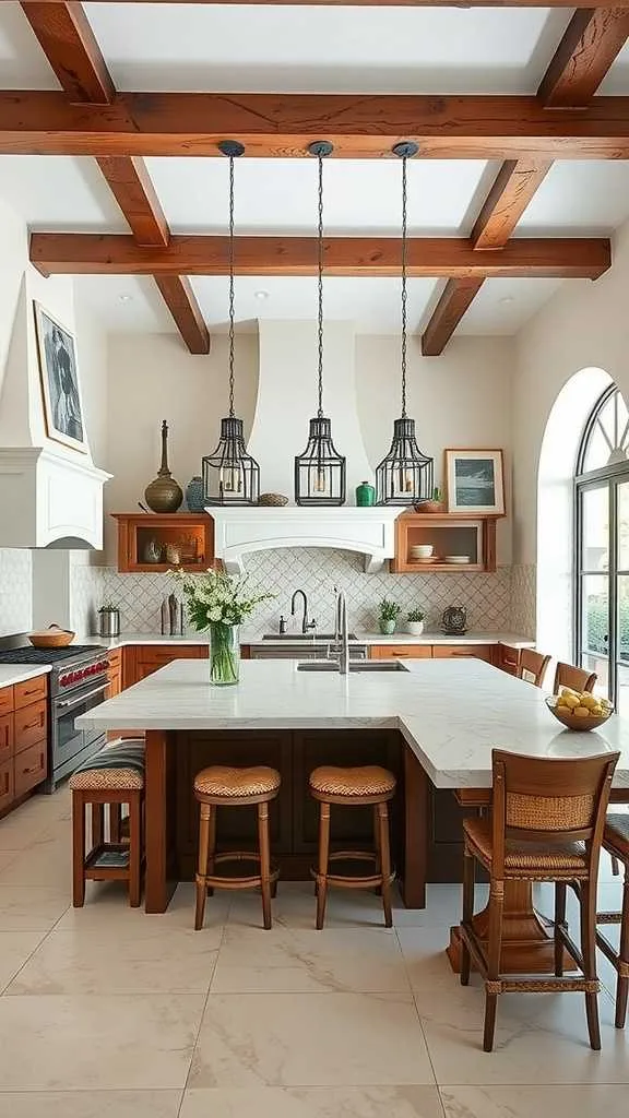 19 Stunning Spanish Mediterranean Kitchen Design Ideas 3 Interior of a Spanish Mediterranean kitchen featuring a spacious island with bar seating, dark wood cabinets, and decorative lighting.