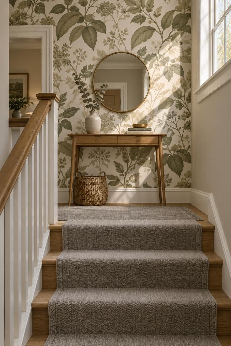 11 Cozy Split Level Entryway Ideas That Welcome You Home 1 A split-level home landing with large-scale botanical wallpaper on the stair wall, a round brass mirror over a slim oak console, and a gray runner rising up the stairs.