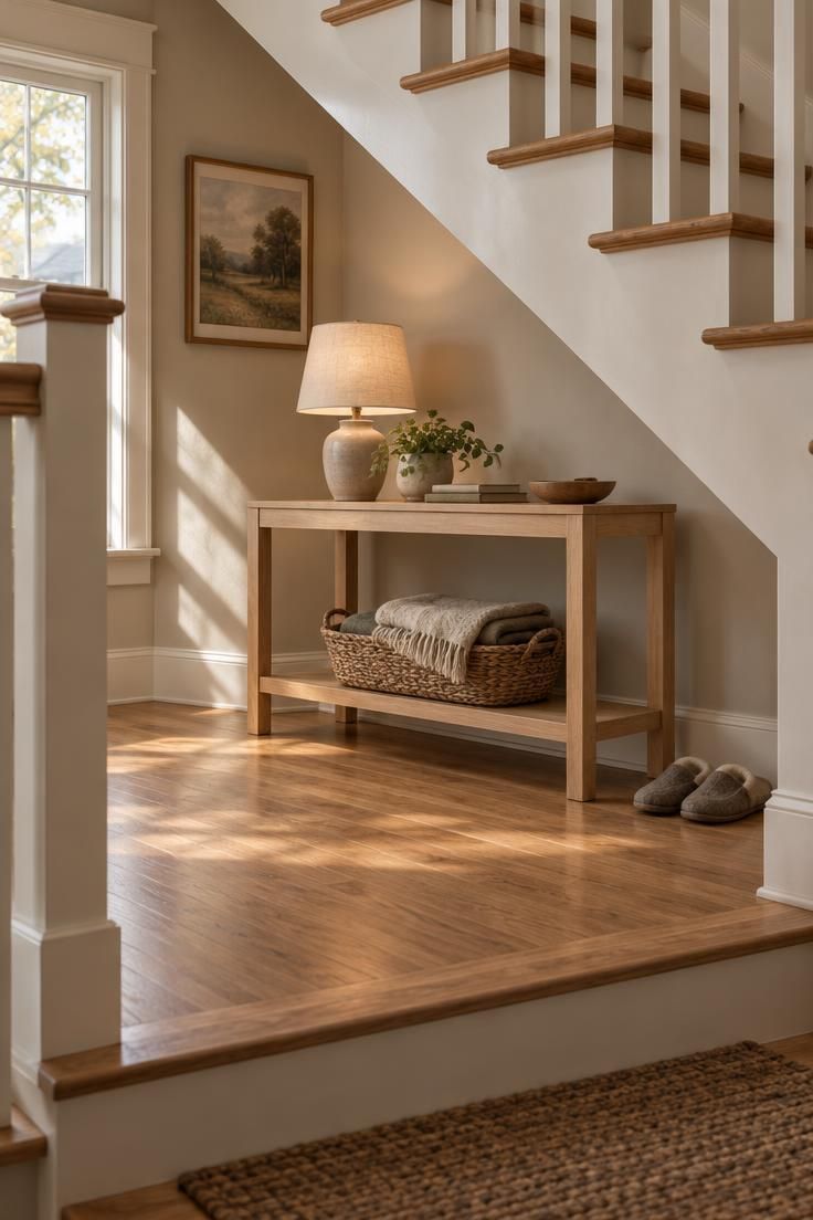 11 Cozy Split Level Entryway Ideas That Welcome You Home 2 A low birch console table with a woven basket and small lamp tucked under the stair opening in a split level entryway.