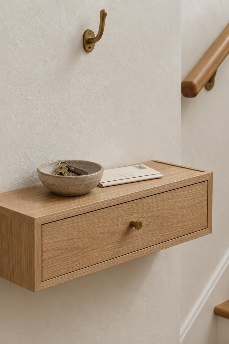 11 Cozy Split Level Entryway Ideas That Welcome You Home 3 A slim white oak wall-mounted console with one drawer and a stoneware bowl, with a brass hook above on a soft white landing wall.