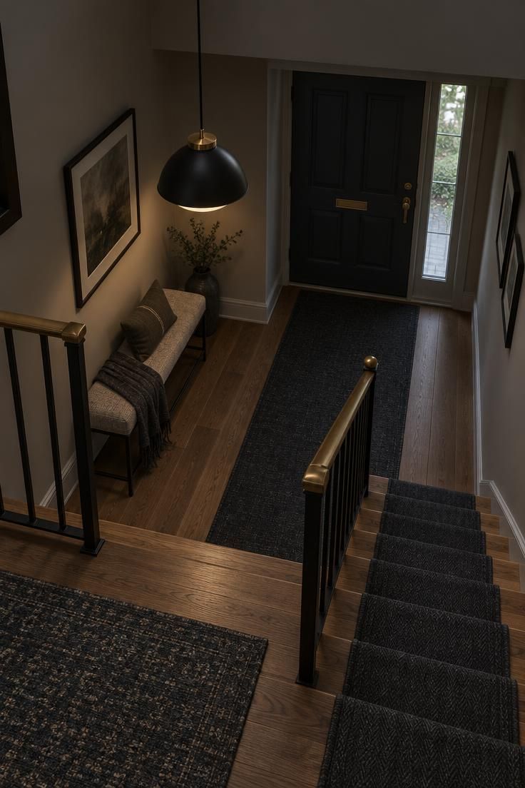 11 Cozy Split Level Entryway Ideas That Welcome You Home 4 A black and brass pendant on a long cord hanging over a split foyer entryway landing with a slim bench and a charcoal runner below.