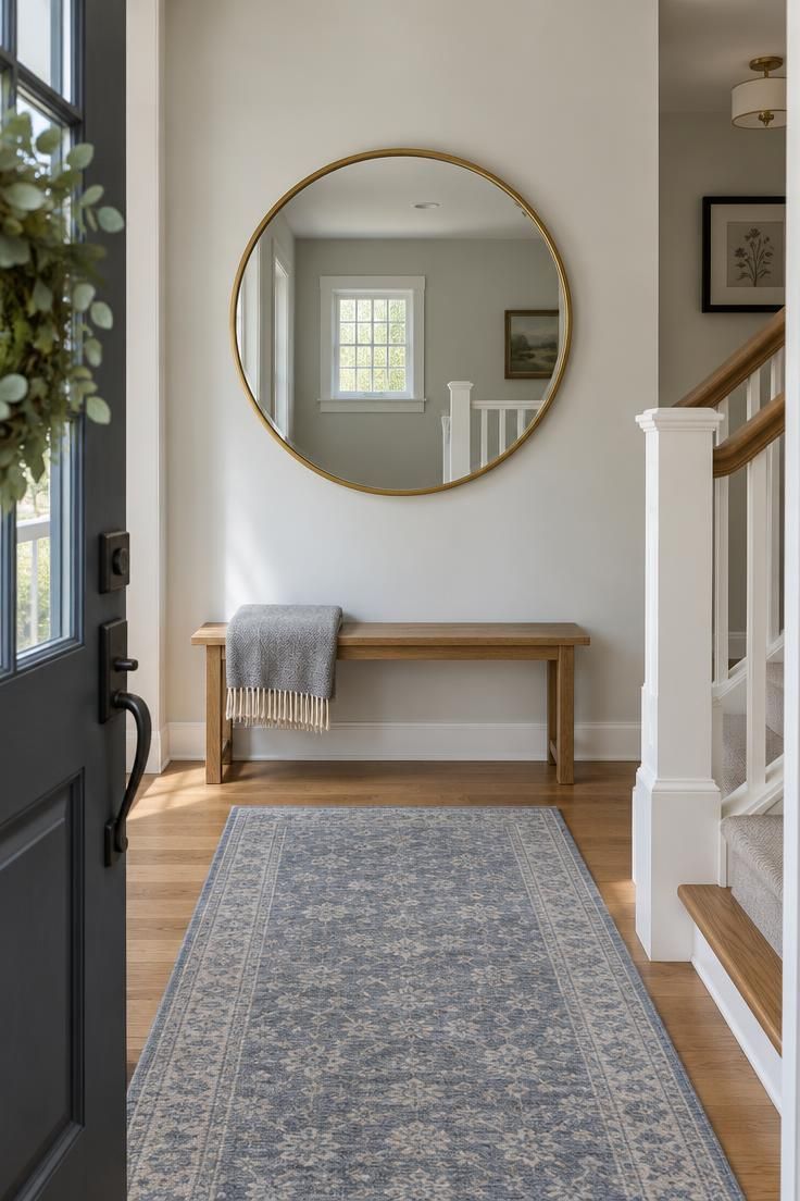11 Cozy Split Level Entryway Ideas That Welcome You Home 5 A large round brass-framed mirror on a split-level landing wall opposite the front door, reflecting a pale upper hall above a narrow oak bench.