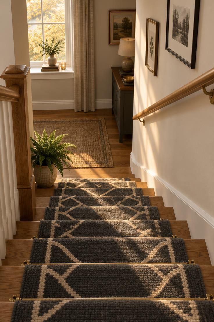 11 Cozy Split Level Entryway Ideas That Welcome You Home 6 A charcoal and cream geometric stair runner with brass rods on the lower flight of a bi-level home entry, with a potted fern on the bottom step.
