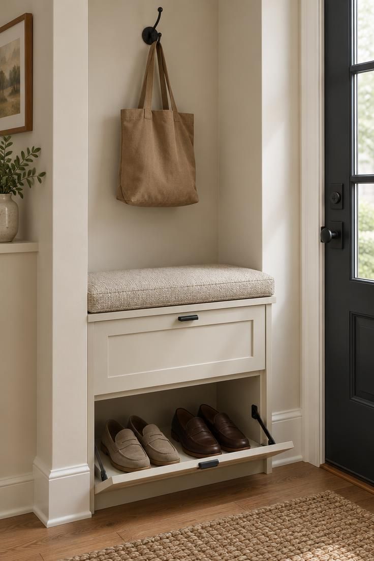 11 Cozy Split Level Entryway Ideas That Welcome You Home 7 A cream recessed shoe cabinet with an oat-fabric lift-up seat in a landing niche, with a black hook and canvas tote above and loafers inside.
