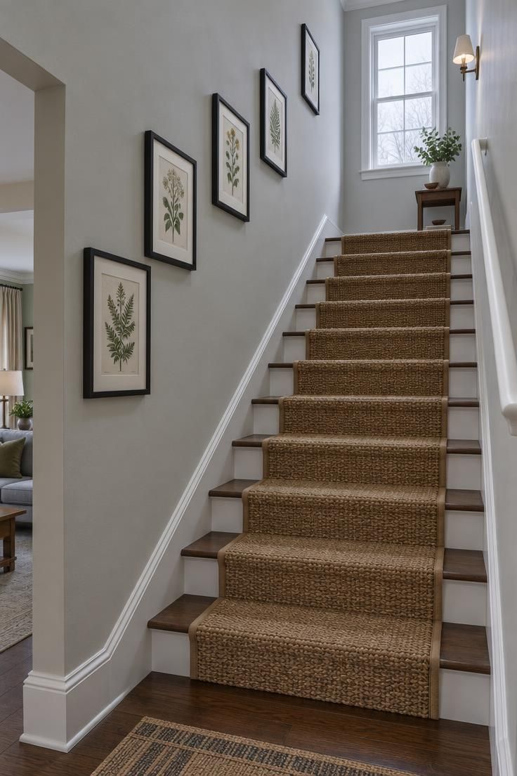 11 Cozy Split Level Entryway Ideas That Welcome You Home 8 A staggered gallery of small black-framed botanical prints along the stair wall of a split-level home, above a jute runner and white handrail.