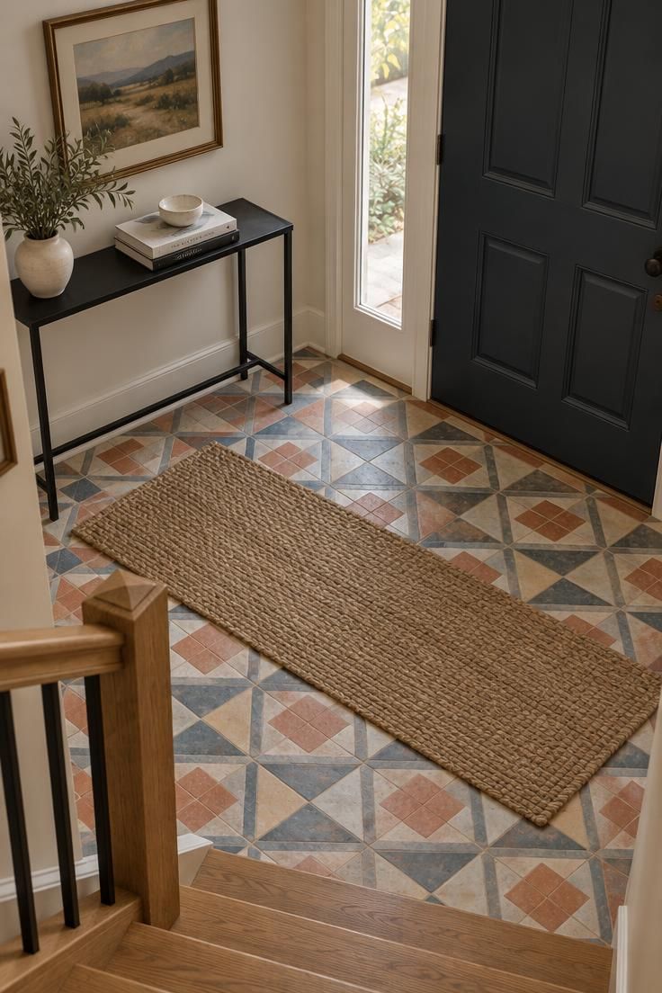 11 Cozy Split Level Entryway Ideas That Welcome You Home 9 Patterned tile landing floor in terracotta, cream, and slate blue with a woven jute runner and slim black entry table.