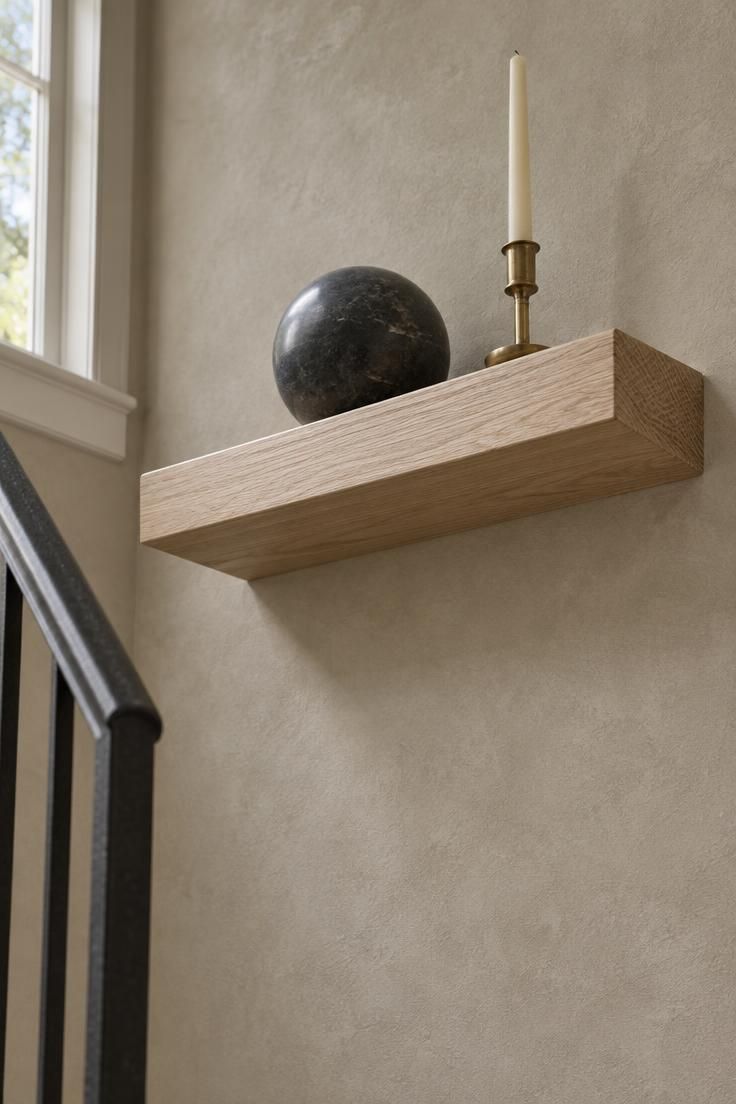 11 Cozy Split Level Entryway Ideas That Welcome You Home 10 A small white oak floating shelf holding a black stone sphere and a brass candleholder high on a warm greige landing wall.
