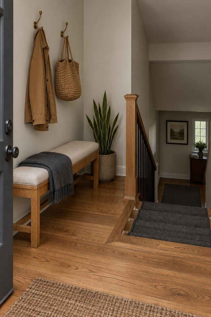 11 Cozy Split Level Entryway Ideas That Welcome You Home 11 A narrow split-level landing with a padded oak bench, brass hooks holding a jacket and market bag, and a snake plant beside a charcoal runner.