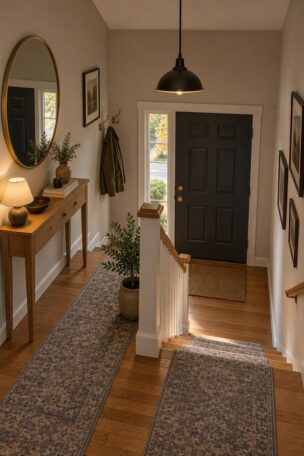 A cozy split-level entryway landing with a slim oak console, round brass mirror, patterned stair runner, hooks with a canvas jacket, and a pendant on a long drop above.