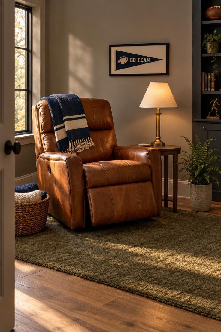 11 Cozy Sports Man Cave Ideas for Game-Day Comfort 1 A finished sports man cave corner with a leather recliner, a folded team-color throw, a framed pennant on a warm gray wall, a side table with a brass lamp, an olive wool rug, and a potted fern in warm golden light.
