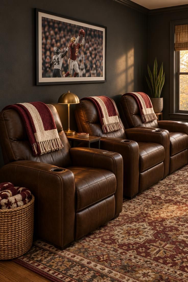 11 Cozy Sports Man Cave Ideas for Game-Day Comfort 2 A row of three recliners draped with folded burgundy and cream team-color throws, a shared side table with a brass lamp, one large framed photo on a dark charcoal wall, an area rug, a basket of blankets, and a snake plant in warm light.