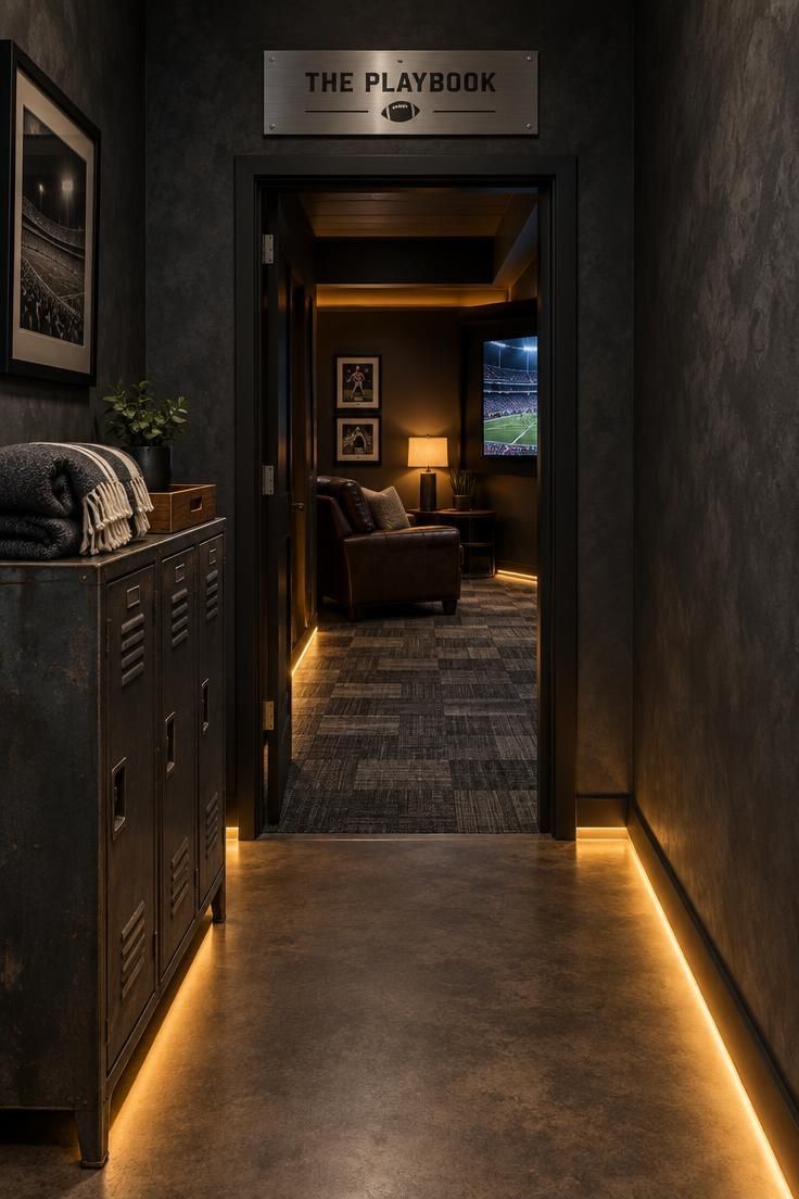 11 Cozy Sports Man Cave Ideas for Game-Day Comfort 3 A charcoal-painted corridor leading into a lit viewing room, with a metal nameplate over the doorway, warm amber strip lighting along the walls, carpet tile beginning at the threshold, and a vintage locker cabinet on the left.