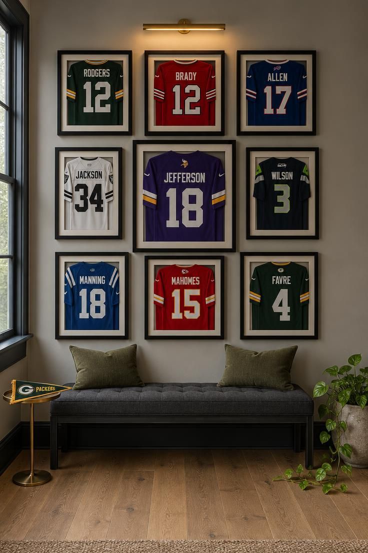 11 Cozy Sports Man Cave Ideas for Game-Day Comfort 4 A grid of eight shadow-box framed jerseys in uniform black frames on a long wall, an upholstered bench below, a picture light above, a brass side table, and a pothos plant under soft daylight.