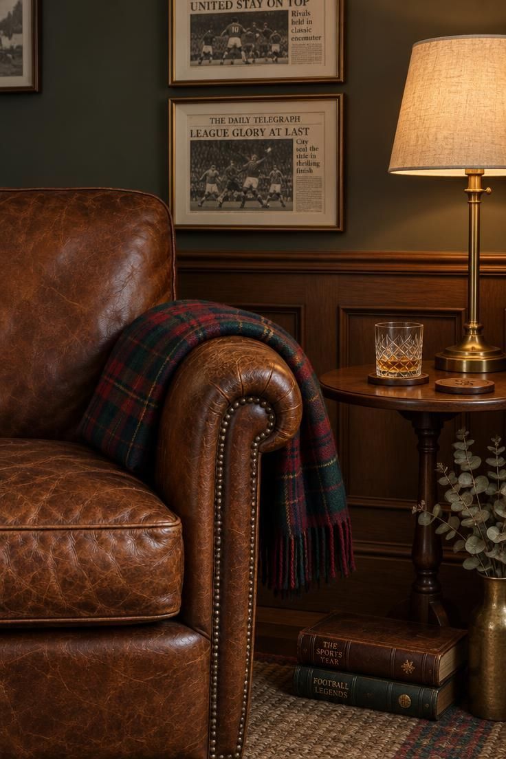 11 Cozy Sports Man Cave Ideas for Game-Day Comfort 6 A worn cognac leather club chair with a tartan throw over the arm, a brass lamp on a round walnut table, two framed mid-century sports prints above, and a tumbler on a coaster in moody warm light.