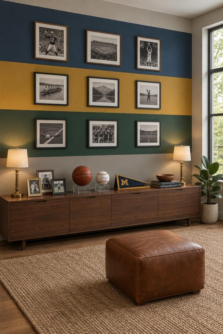 11 Cozy Sports Man Cave Ideas for Game-Day Comfort 8 A wall with three horizontal muated navy, deep gold, and forest green bands over warm gray, a long walnut console with framed photos, signed balls, brass accent lights, a jute rug, and a leather ottoman in bright daylight.