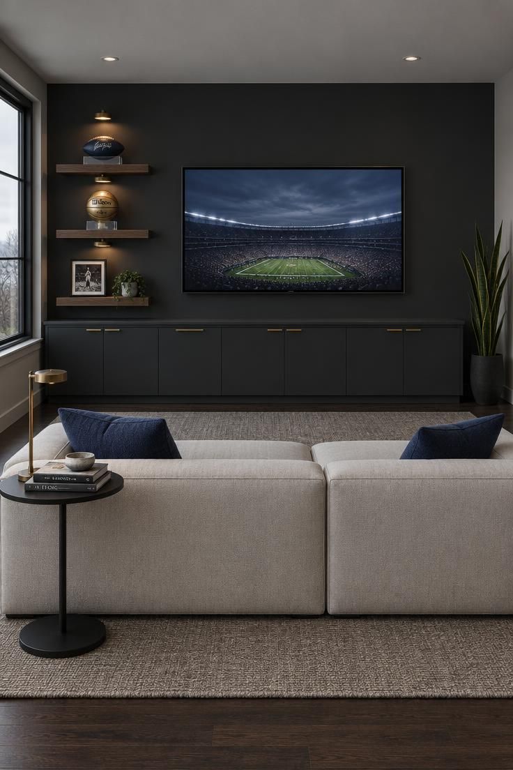 11 Cozy Sports Man Cave Ideas for Game-Day Comfort 9 A charcoal feature wall with a centered screen, three floating walnut shelves holding a signed ball and a small framed photo, closed base cabinets with brass pulls, an ivory sectional, and a bronze lamp in cool daylight.
