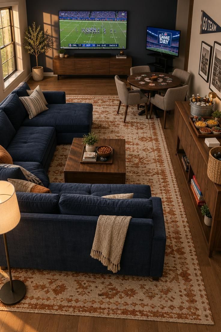 11 Cozy Sports Man Cave Ideas for Game-Day Comfort 10 A game-day party room with a navy sectional facing the main screen, a smaller screen on a stand beside a card table with four chairs, a walnut sideboard game-day station with a cooler and snack tray, and a wide cream and rust area rug in warm light.