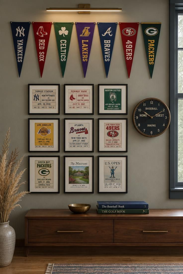 11 Cozy Sports Man Cave Ideas for Game-Day Comfort 11 A run of seven felt pennants above a grid of nine uniform black-framed ticket stubs, a walnut console with drawers below, a scoreboard-style clock, and a picture light in soft daylight.
