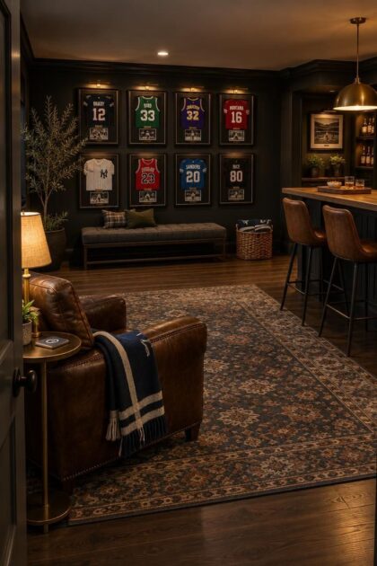 11 Cozy Sports Man Cave Ideas for Game-Day Comfort A cozy evening sports man cave with a leather club chair and team-color throw in the foreground, a framed jersey grid on a dark wall behind a bench, a bar counter with two stools and a brass pendant in the background, and a patterned rug over dark wood flooring.