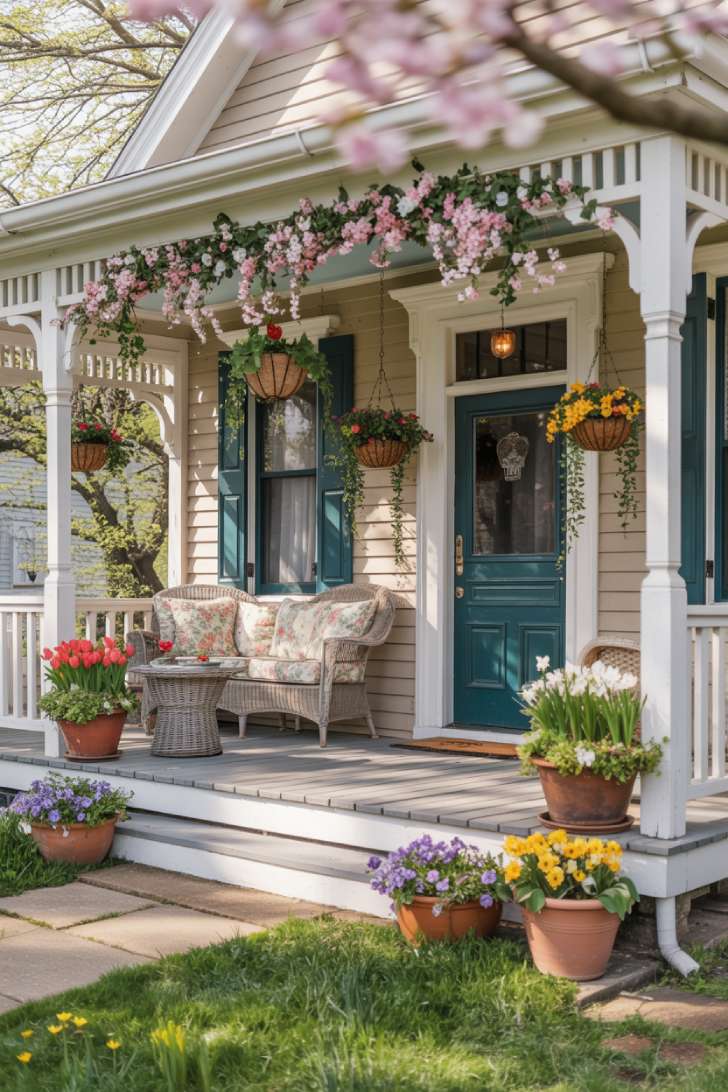 A wide-angle photograph showcasing a charming Victorian-style front porch decorated for spring, viewed from the front yard to capture the complete architectural details