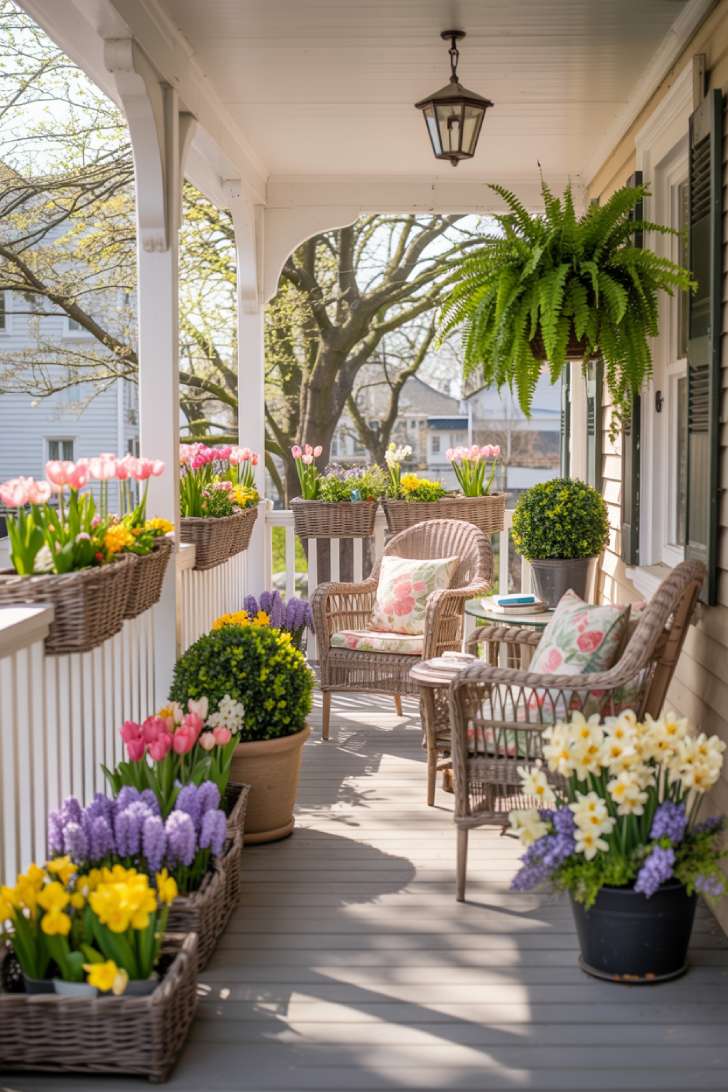 A wide-angle photograph capturing a charming front porch decorated for spring, viewed from the street to show the complete scene