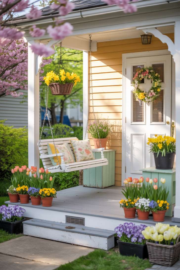 A photograph of a charming spring front porch viewed from across the street, showcasing the complete seasonal transformation of the home's entrance