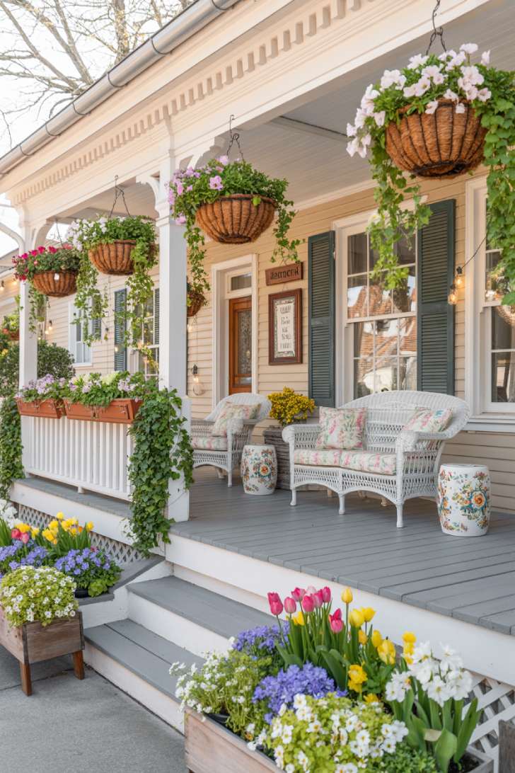 A photograph showcasing a spacious front porch captured from across the street, displaying elaborate spring decorating in full detail