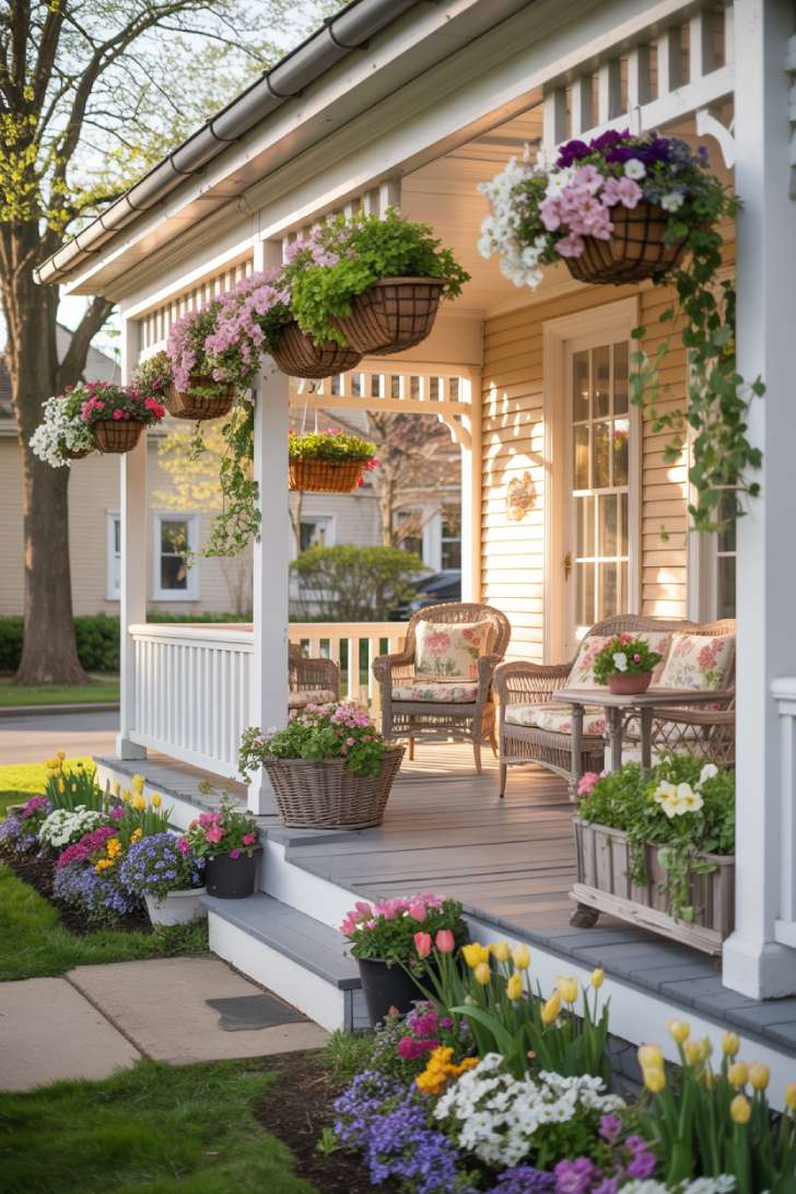 A photograph of a charming wraparound front porch decorated for spring, captured from across the street to show the complete architectural details