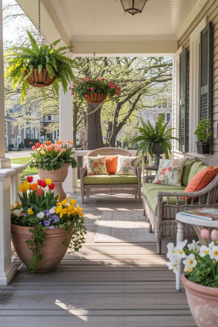 A wide-angle photograph showcasing a complete view of an elegant spring front porch from across the street, displaying sophisticated seasonal decorating
