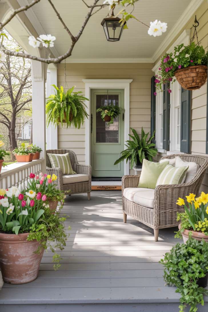 A wide-angle photograph capturing a complete view of an elegant spring front porch decorated with fresh seasonal elements