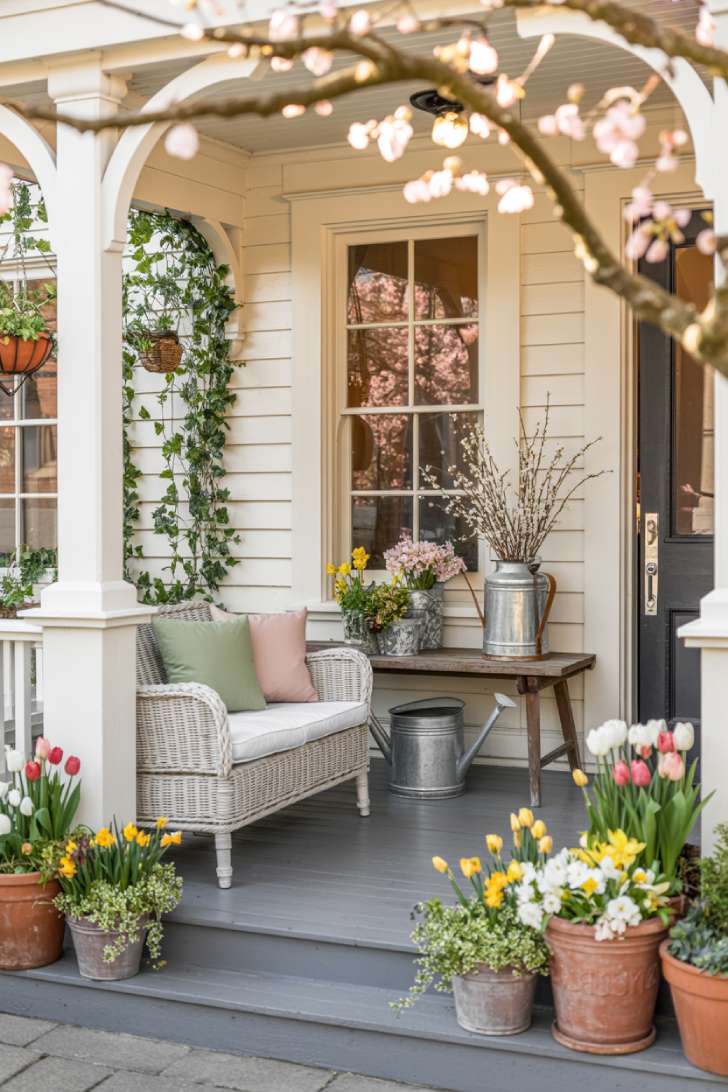 A wide-angle photograph of a spacious front porch adorned with elegant spring decorations, captured from across the street to show the complete design