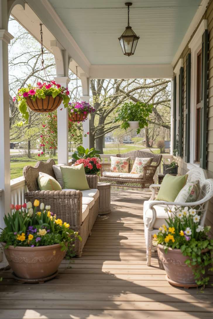 A photograph of a spacious front porch captured from across the yard, showcasing warm spring decorating in full detail