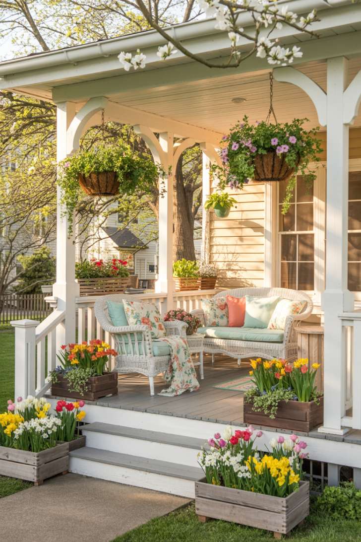 A photograph of a spacious wrap-around front porch adorned with vibrant spring decorations, captured from across the yard to show the full architectural beauty