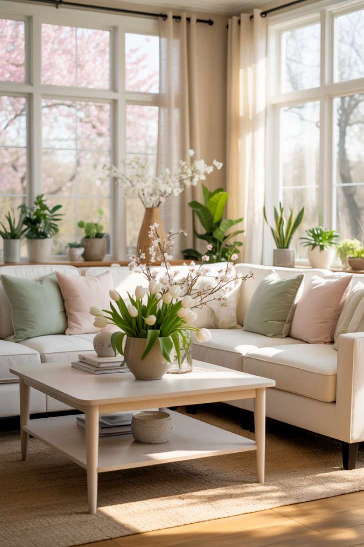 Cream sectional sofa with sage and pink pillows in bright spring living room