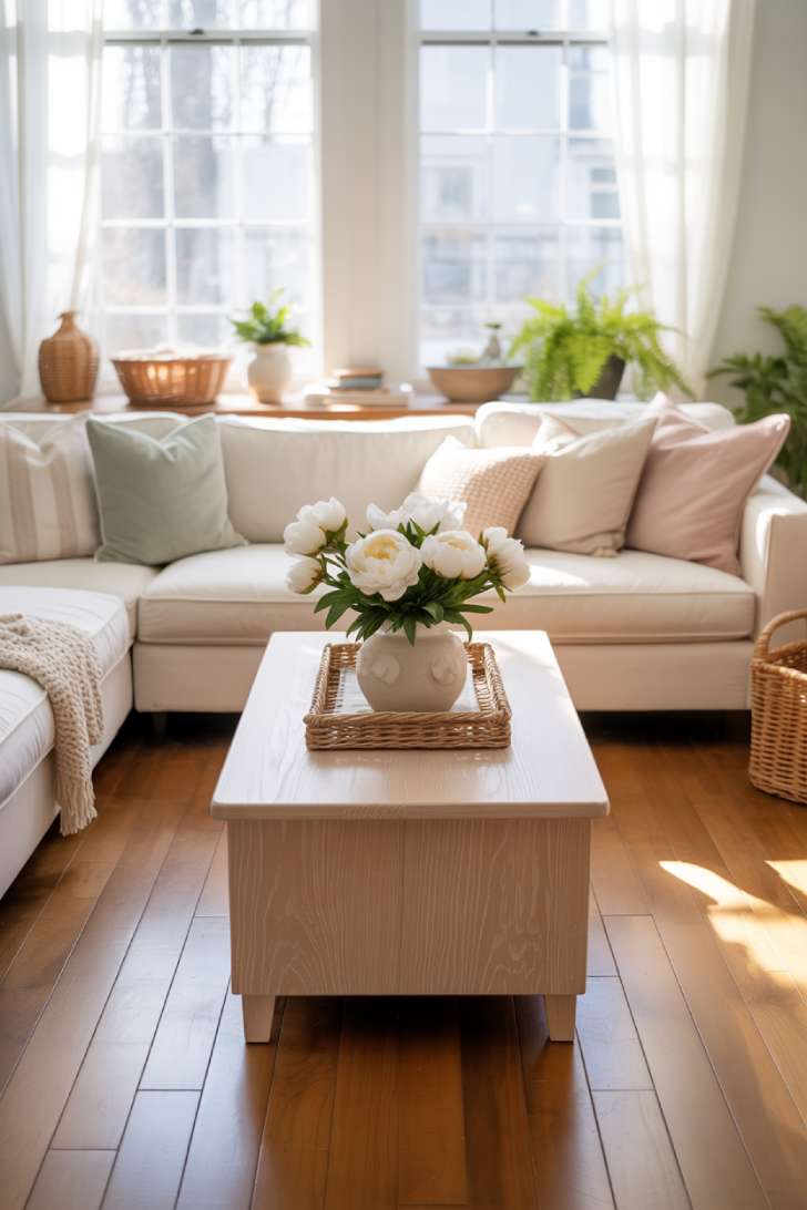 Cream sectional with knit throw and woven baskets in spring setting