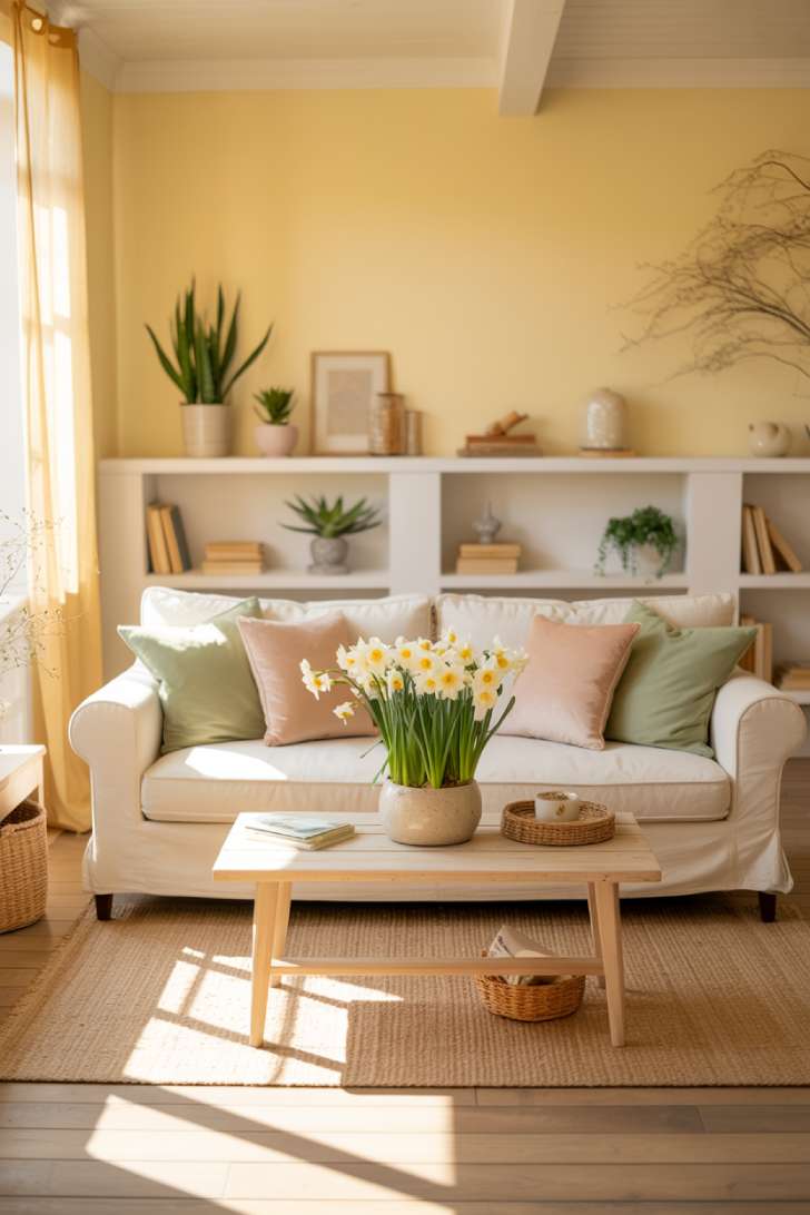 Living room with pale yellow walls and built-in white shelving