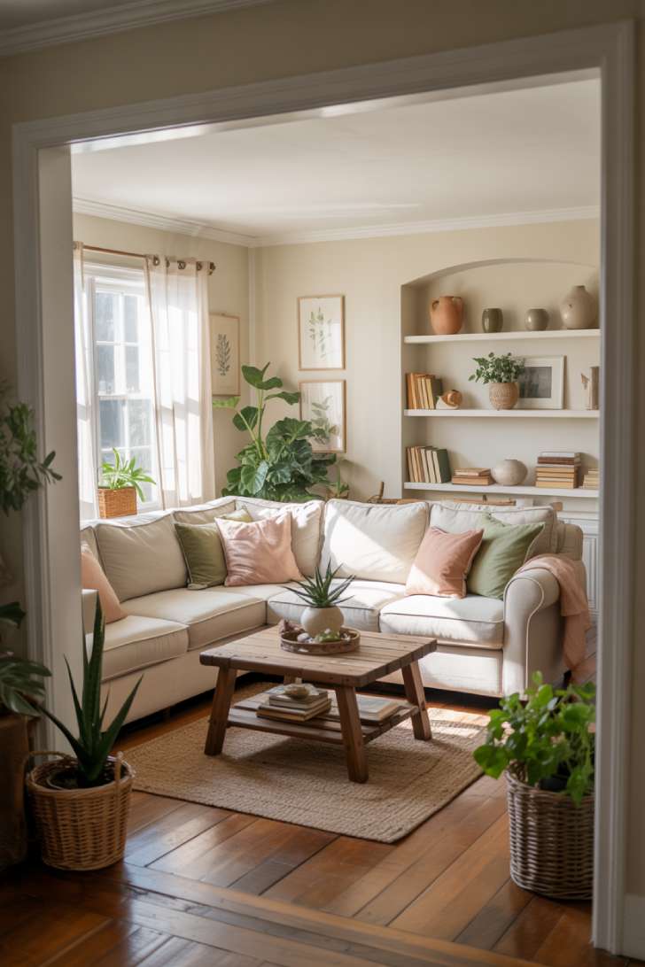 Warm spring living room with ceramic pottery and houseplants in wicker baskets