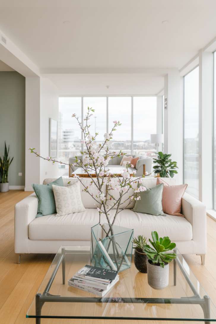 Modern white sectional with mint and blush pillows and a geometric vase