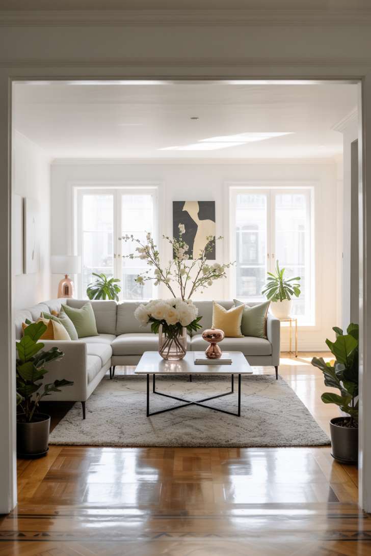 Light gray sectional with yellow accents and rose gold fixtures