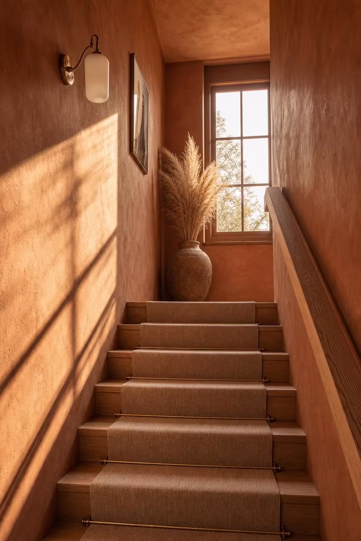Staircase wall with warm terracotta limewash plaster finish and golden afternoon light casting shadows across the textured surface
