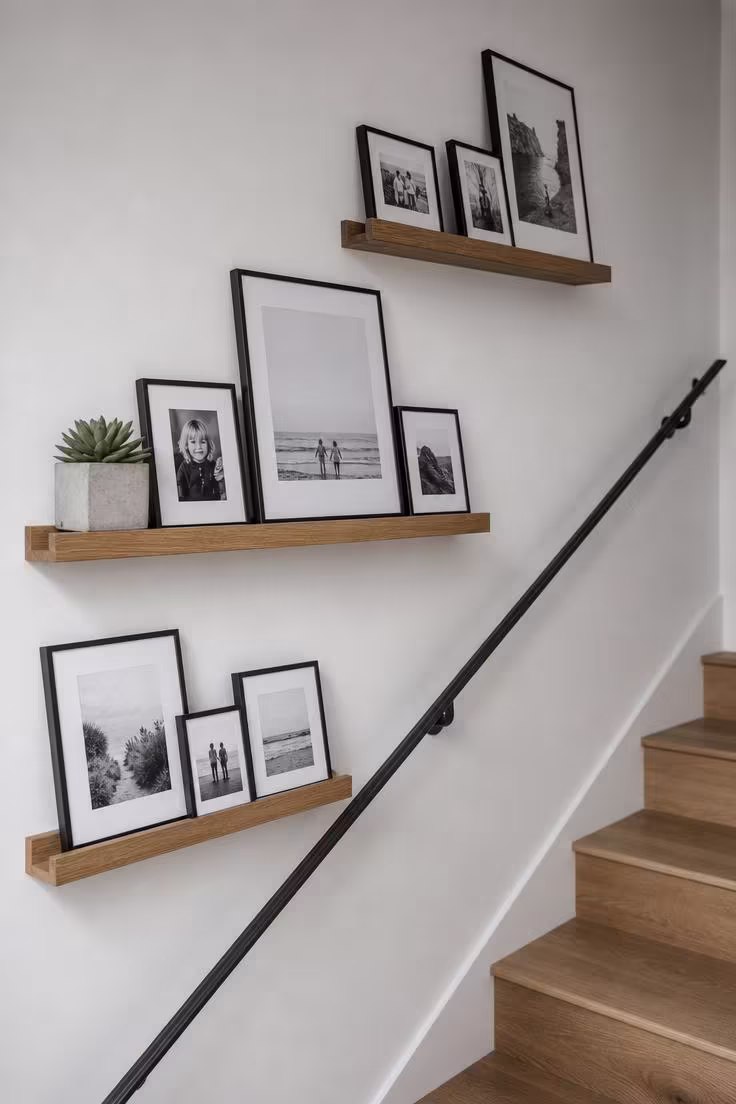 Staircase wall with staggered oak picture ledges displaying black-and-white photographs in thin black frames